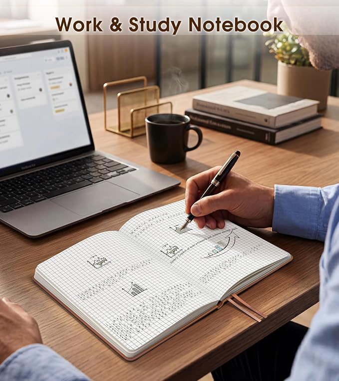 A5 Leather Hardcover Graph Paper Notebook, 160 Pages (5 Squares/Inch), 180° Lay-Flat Binding, 100 GSM Thick Paper, for Math, Engineering, Students & Technical Work (Pink)