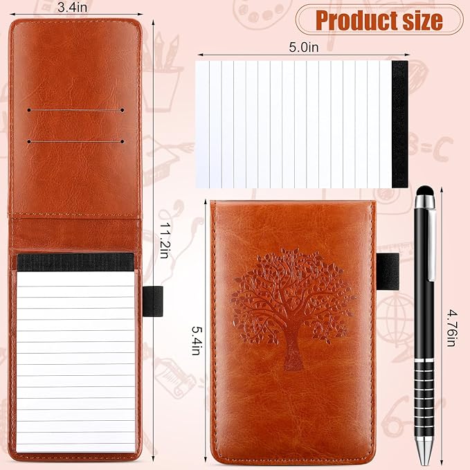 Teling 8 Pcs Mini Pocket Notepad Holder Set Leather Notepad Holder with Metal Pen Lined Sheet 6 Pcs 3 x 5 Inch Memo Book Refill for Office Restaurant School Supplies(Brown,Tree)