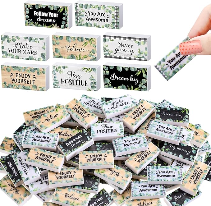 Dunzoom 100 Pcs End of Year Inspirational Pencil Erasers Bulk for Kids Back to School Fun Motivational Eraser School Office Supplies for Students Classroom Office Teacher Artists(Eucalyptus Leaf)