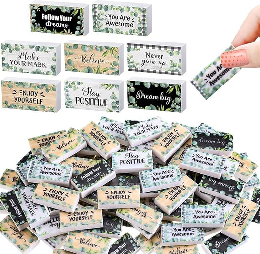 Dunzoom 100 Pcs End of Year Inspirational Pencil Erasers Bulk for Kids Back to School Fun Motivational Eraser School Office Supplies for Students Classroom Office Teacher Artists(Eucalyptus Leaf)