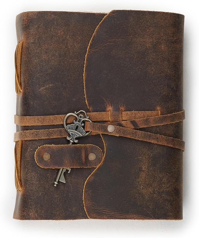 LEATHER VILLAGE Vintage Leather Journal – 200 Handmade Vintage Deckle Edge Paper – Leather bound Journal For Women Men – Vintage Key Closure - Book of Shadows - Cappuccino Brown - 13X8 inches