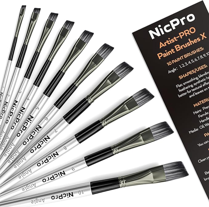 Nicpro 10 PCS Angular Paint Brush Set, Nylon Hair Angled Paint Brushes for Acrylic, Watercolor, Oil, Gouache, Craft, Detail Face Body Art Painting, Base Coating, Artist Paintbrush Kit for Kid & Adult