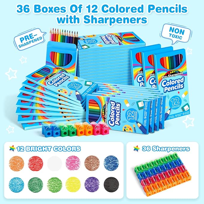 V-Opitos 432 Count Colored Pencils Bulk, 36 Pack 12 Assorted Colors with Sharpener, Pre-sharpened Coloring Pencils for Kids, Ideal School Classroom Supplies
