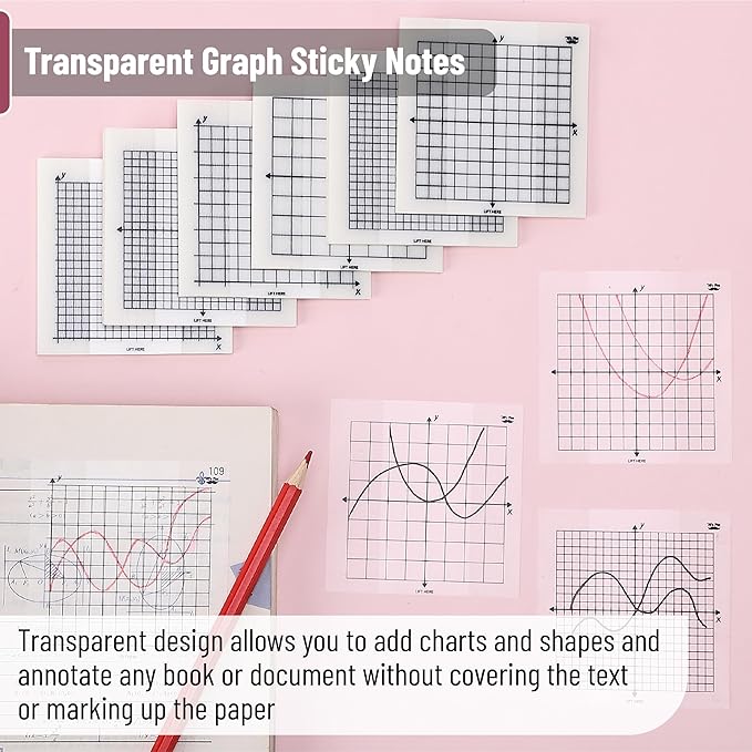 Mr. Pen- Transparent Graph Sticky Notes, 3x3 Inch, 6 Pads, 50 Sheets/Pad, 6 Grid Designs, Square Graph Paper Notes & Fineliner, Waterproof Grid Sticky Note Pads for Math, Study, Journals, Planners