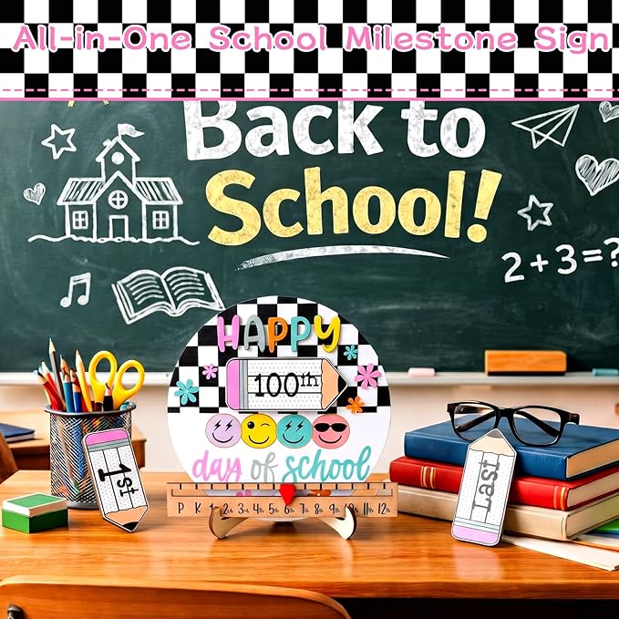 Kosiz First and Last Day of School Sign Black White Checkered Back to School Board Gifts Round Wooden First Day of Prek Sign Reusable Dry Erase 8''