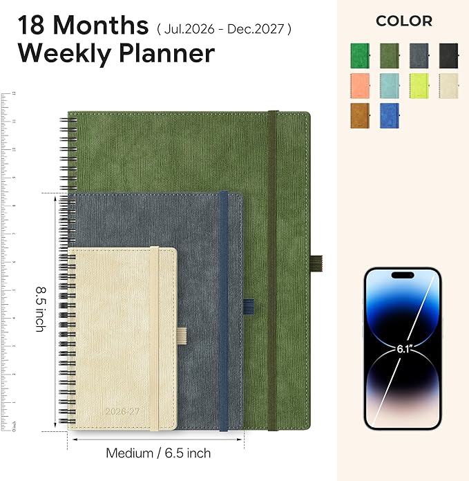 2026-2027 Planner, Daily Weekly Monthly Academic Planner, 18 Months Spiral Bound Agenda, 6.5"x 8.5", Vertical Layout, Calendar Planner, Vegan Leather Soft Cover,Beige