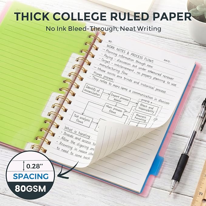 Koogel Spiral Notebook with Tabs, 5 Subject Spiral Notebook College Ruled with Removable Dividers, 200Pages Lined Journals for Women Journals Note Taking Work School Gifts, 5.8x8.3Inch, Pink