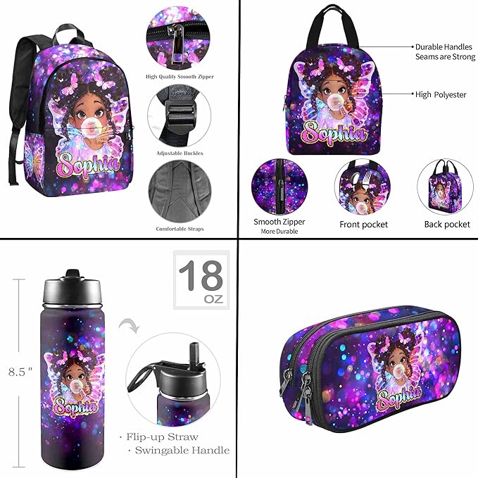 M YESCUSTOM Custom Girls Backpack Personalized School Bookbag with Lunch Bag Backpacks for Kids Girl Elementary Preschool Cute Book Bag Daypack Travel Bag Water Bottle