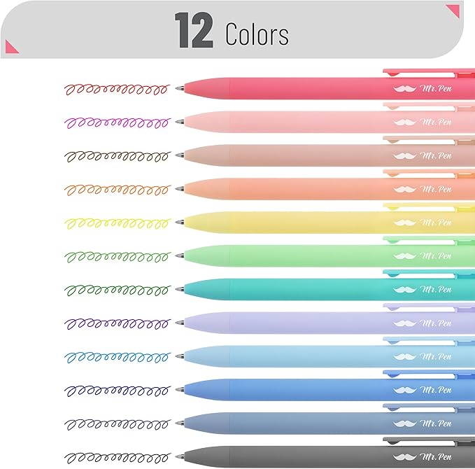Mr. Pen- Retractable Gel Pens, 12 Pack, Colorful Ink, Fine Point 0.7mm, Fast Dry, Smooth Writing, Cute Pens for Drawing, Writing Planner and School Supplies