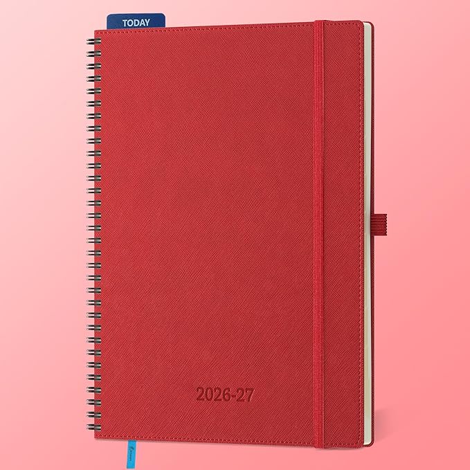 Planner 2026-2027 Daily Weekly and Monthly,11.5"x8.5",18 Months Spiral Bound Calendar Agenda with Self-adhesive Pen Holder,2026 Academic Plan with Vegan Leather Soft Cover,Red