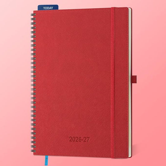 Planner 2026-2027 Daily Weekly and Monthly,11.5"x8.5",18 Months Spiral Bound Calendar Agenda with Self-adhesive Pen Holder,2026 Academic Plan with Vegan Leather Soft Cover,Red