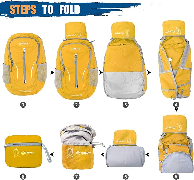 ZOMAKE Lightweight Packable Backpack 25L, Foldable Hiking Daypack | Water Resistant Small Folding Backpacks for Travel, Everyday Carry, Multi-Pocket Layout, Breathable Shoulder Strap