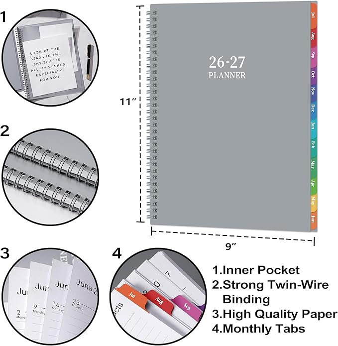 Planner 2026-2027 - July 2026 - June 2027, Academic Planner 2026-2027, 26-27 Planners Weekly and Monthly with Colorful Tabs, 9" x 11", Monthly Calendar Planners with Twin-wire Binding, Pocket - Grey