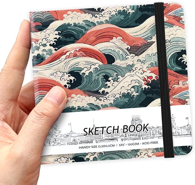 5" x 5" Hardcover Sketch Book,Small Mixed Media Sketch Pad,58 Sheets 150GSM Acid-Free Artist Drawing Paper,Travel Journal Blank Notebook for Adults Painting,Illustration,Art Supplies.Sea Wave