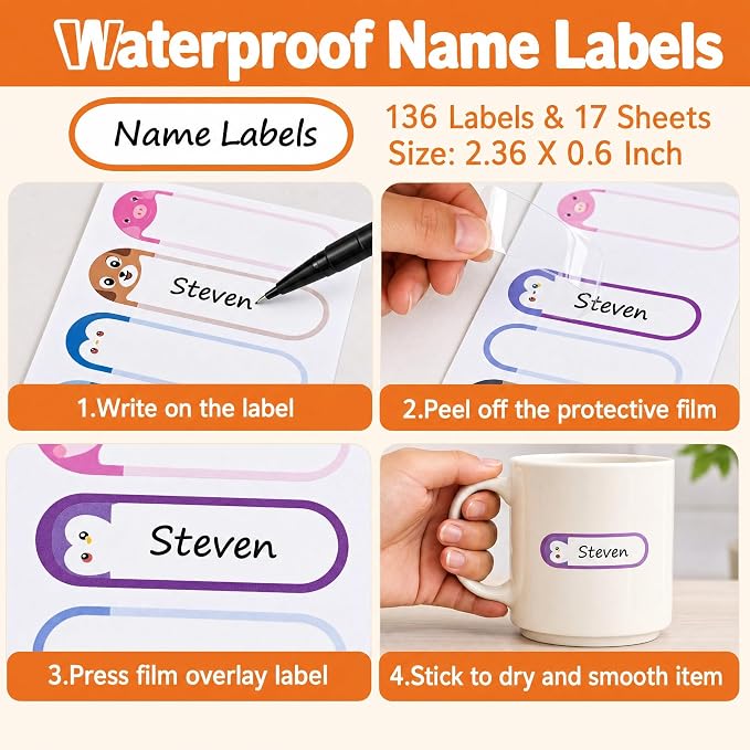 Self Laminating Name Labels, Waterproof Name Stickers for Kids | Dishwasher Safe Labels for Daycare and School, Kids Toddler Stuff, Baby Bottles, Water Bottles and Food Containers, 136 Pack