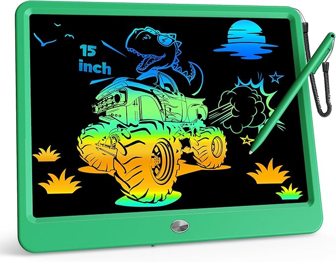 KOKODI 15 Inch LCD Writing Tablet with Anti-Lost Stylus, Erasable Doodle Board Colorful Toddler Drawing Pad, Car Travel School Games Toys for 3 4 5 6 7 8 Kids, Birthday Gift for Girls Boys Green