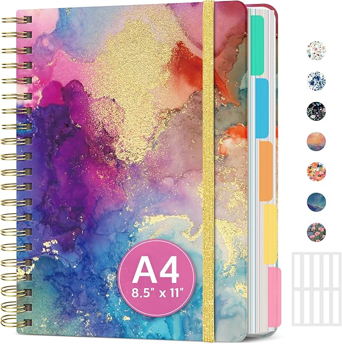 Large Spiral Lined Notebooks for Work with Removable Dividers & Tabs, 8.5"x11" Pretty Hardcover 5 Subject Notebook Journal for Women, College Ruled, Perfect for Study & Office Organization, 280 Pages,Color Splash