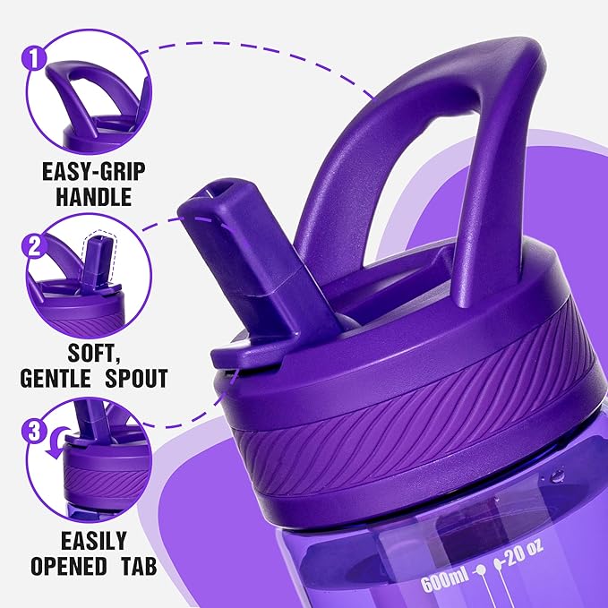 OLDLEY 20oz Kids Water Bottle with Straw, BPA-Free Tritan Water Bottle for School, Leakproof Clear Water Bottle with One Click Open, Measurement Scale, Cup Holder Friendly for Boys Girls,Deep Purple