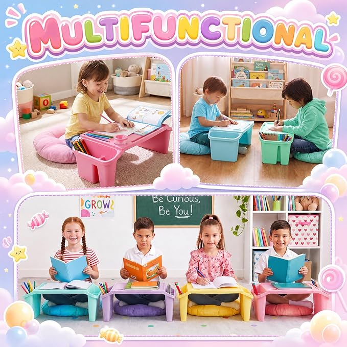 Supervitae 16 Pcs Kids' Lap Desk and Classroom Floor Cushions Set, Including Stackable Lap Tray 19.7 x 14.8 x 7.7'' & Floor Pillow 16'' for Classroom Kindergarten Daycare Nursery (Light Colors)