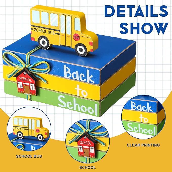 Pinkunn 4 Pcs Back to School Table Decorations School Bus Tiered Tray Decor Mini Bus Wooden Decorative Books Stack Tray First Day Centerpieces Sign for Office Shelf Classroom Tabletop Bookshelf