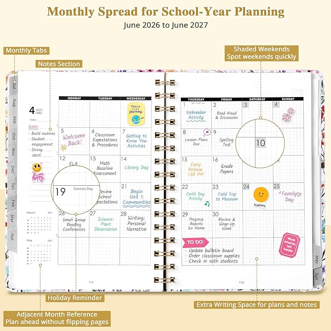 JoyCat 13-Month Academic Planner 2026-2027, June 2026 - June 2027, A5 Weekly & Monthly Planner, Hardcover Agenda with Tabs, 5 Sticker Sheets, Elastic Closure & Pocket for Teachers & Students, 6.3" x 8.5", Wildflower