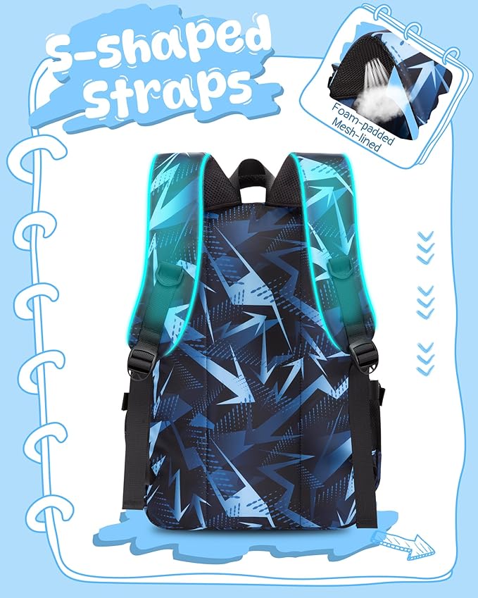 BLUEFAIRY Kids School Backpack for Boys Girls Ages 6-8 8-10 10-12 Elementary Middle School Book Bags with Laptop Compartment Mochilas Escolares para Niños Niñas de 8 10 12 Años (Blue, Geometric)