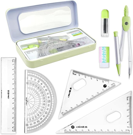 KatchOn, Geometry Set for Students - 8 Pieces | Metal Compass, Protractor, Eraser, Triangle Ruler, Lead Refills and Metal Box | Protractor and Compass Set | Back to School Supplies | Class Supplies