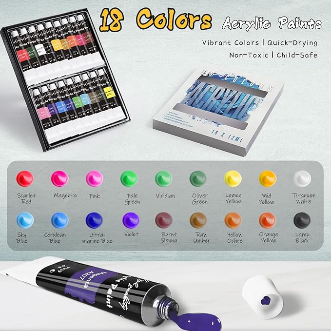 Paint Set, Acrylic Paint Set for Kids & Adults - Painting Supplies with 18 Acrylic Paints, 8 Painting Brushes, 5 Canvas Panels, etc