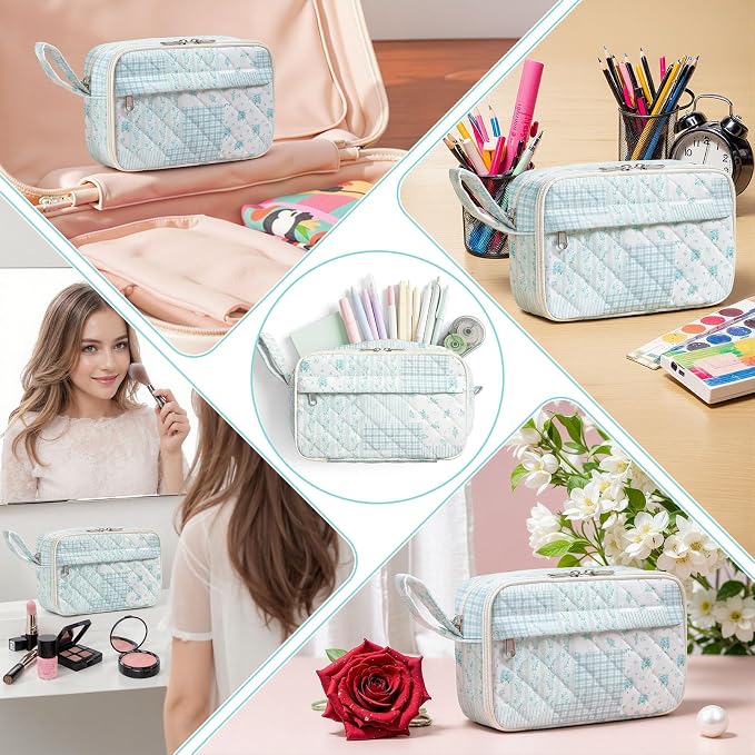 WOBAGMEN Quilted Pencil Pouch for Women, Large Capacity Pencil Case with Compartments, Cute Aesthetic Pencil Organizer, Floral Stationery Pouch（Green Floral Patchwork）