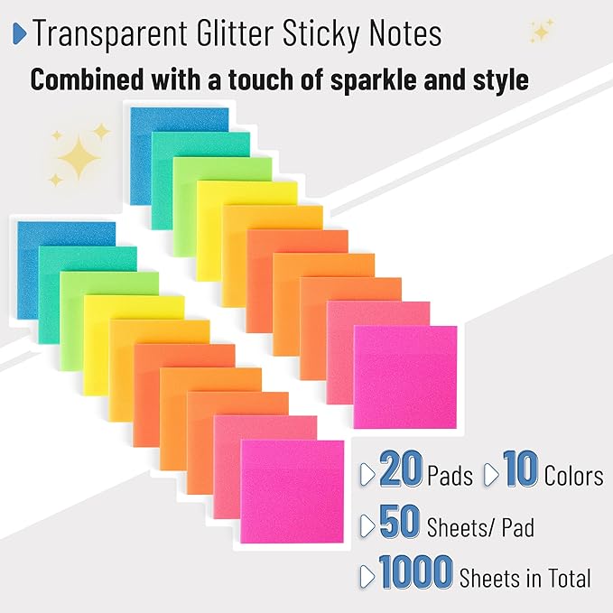Mr. Pen- Transparent Glitter Sticky Notes, 3”x3”, 20 Pads, 1000 Sheets, Glitter Transparent Note Pads Bulk, Self-Stick Bible Journaling Sticky Note for Women, Stocky Notes for Bible Journaling