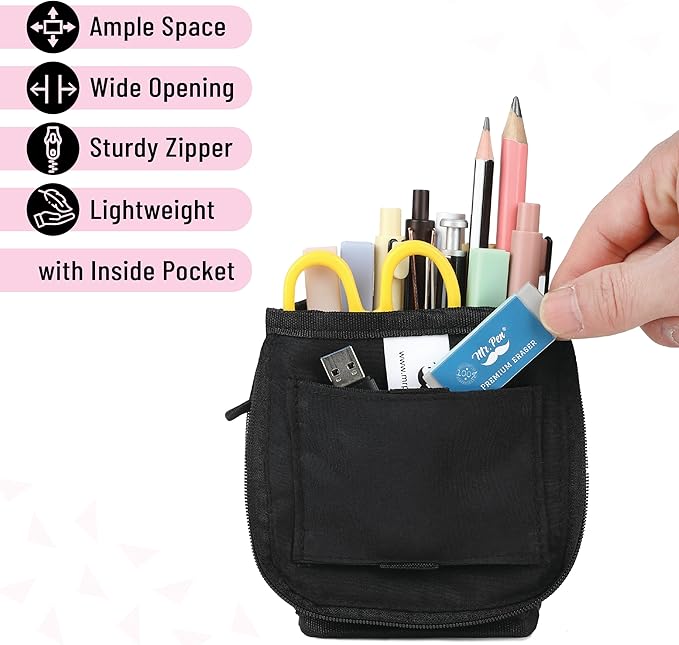 Mr. Pen- Standing Pencil Case Pouch, Sit & Lay Mesh-View Design, Black & Pink, Interior Pocket & 2 Elastic Binder Loops, Cute Pencil Case for Girls and Boys