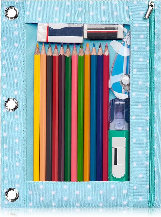 Forvencer Pencil Pouch for 3 Ring Binder, Large Pencil Case Pouch Binder | 3 Reinforced Grommets, Pen Bag, Clear Window Pencil Case, Binder Accessories, Green Polka Dot