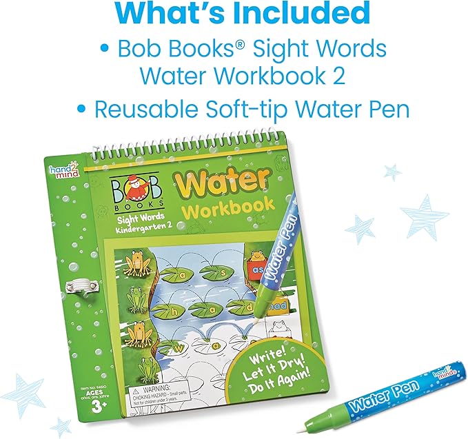 hand2mind Bob Books Water Workbook- Sight Words Kindergarten 2, Water Reveal Coloring Book for Toddlers, Mess Free Painting, Learn to Read, Quiet Time Activities for Kids 3-5, Kids Travel Must Haves