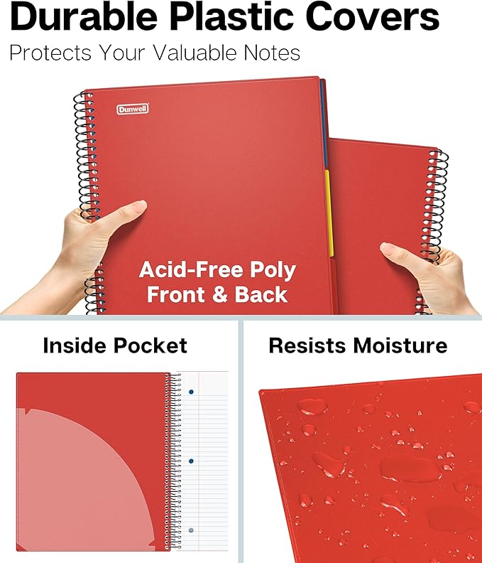 Dunwell 3-Subject Spiral Notebook College Ruled 8.5x11 (Red), 150 Sheets (300 Pages), Tabs, Color Movable Divider Pockets, Protective Plastic Covers, 3-Hole Punched Tear-Off Paper