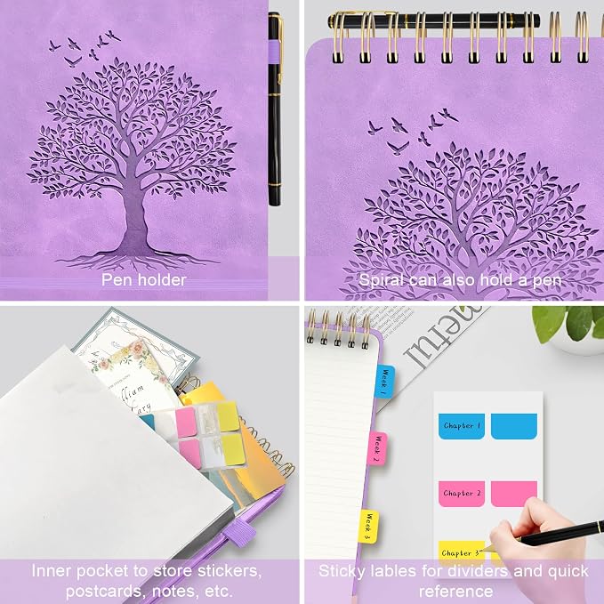 Mousbull A5 Top Spiral Notebook, Tree Pattern Large Leather Hardcover Left Handed Journal, 240 Pages 100 Gsm Lined Paper Top Bound Steno Pads for Work, School, Travel Writing - Purple, 5.9" x 8.5"