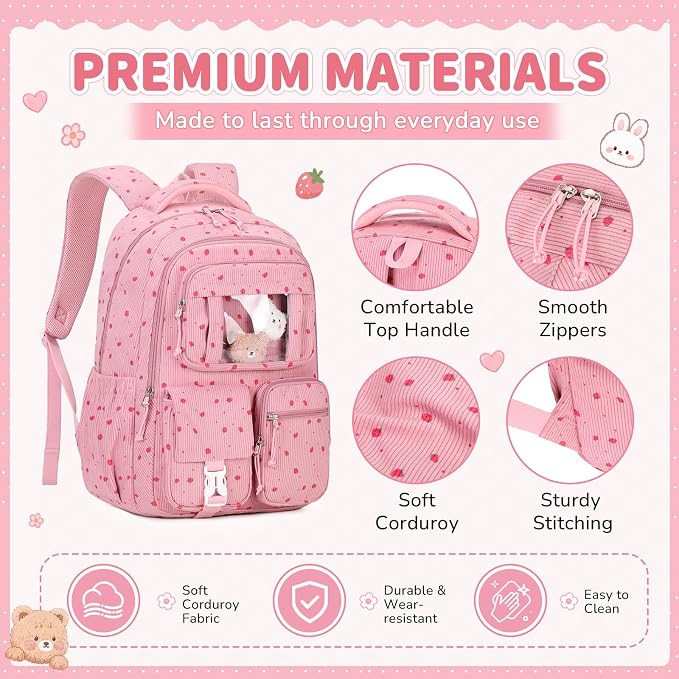 PIG PIG GIRL Corduroy Backpack 3PCS Kids Backpack for Girls School Bags for Middle School Students Book Bag for Elementary Primary Kawaii Ita Backpack with Lunch Box Pencil Case Set, Pink Strawberry