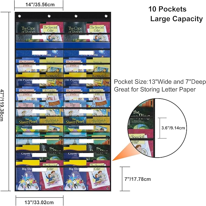 ABCxGOOD 20 Pockets Hanging Wall File Organizer, Transparent Clear Pockets Storage Chart with Over Door Hooks for Office, Classroom & Home, File Folder & Paper Organizer, Includes Labels (20 Pockets)