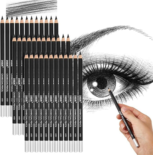Geyoga 36 Pcs Professional Charcoal Pencils Soft, Medium and Hard for Drawing Charcoal Pencils for Sketching Shading Drawing Blending Portrait(Black, Medium)