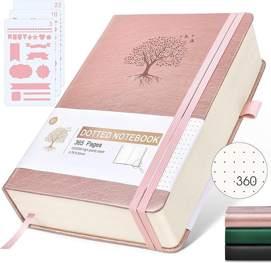 Ansopu Dotted Journal Notebook, 360 Numbered Pages Bullet Journals, 100gsm Dot Paper Thick Hardcover Leather Journal for Writing Women Men,A5 Dotted Grid Notebooks for Work 5.75" x 8.38" Pink
