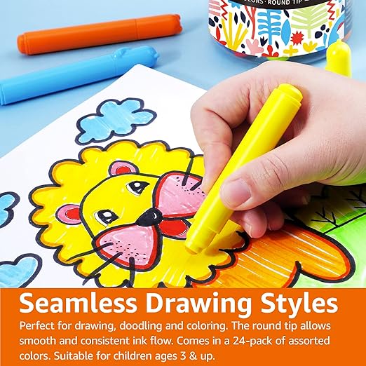 Amazon Basics Washable Markers for Kids, Round Tip Assorted Colors, Non-Toxic Drawing and Coloring School Supplies, Arts & Crafts, Pack of 24