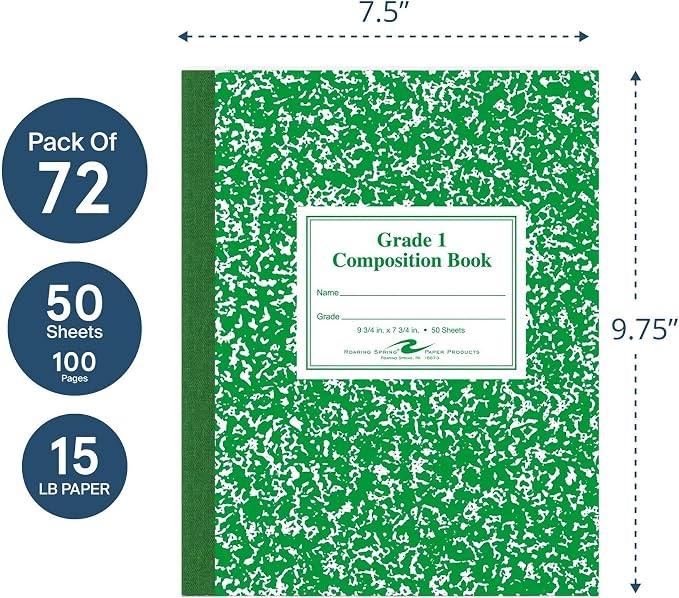 ROARING SPRING Primary Composition Book, Handwriting Notebook for Kids (4K - 1st Grade), Grade 1 Ruled, 1" Skip-Line Manuscript Paper, Flexible Cover, 9.75" x 7.5", 50 Sheets/100 Pages, 72 Pack