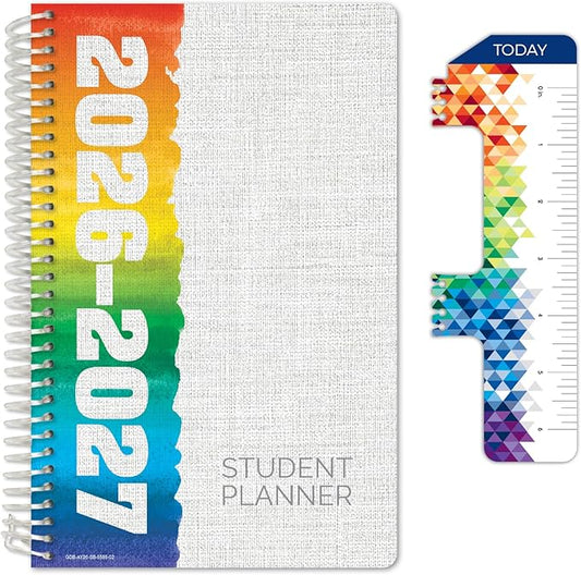 Global Datebooks 2026-2027 Middle & High School Student Planner 5.5" x 8.5" - Dated Weekly & Monthly Academic Planner with Ruler/Bookmark & Stickers, Ideal for Homework, Block Style, Rainbow Linen