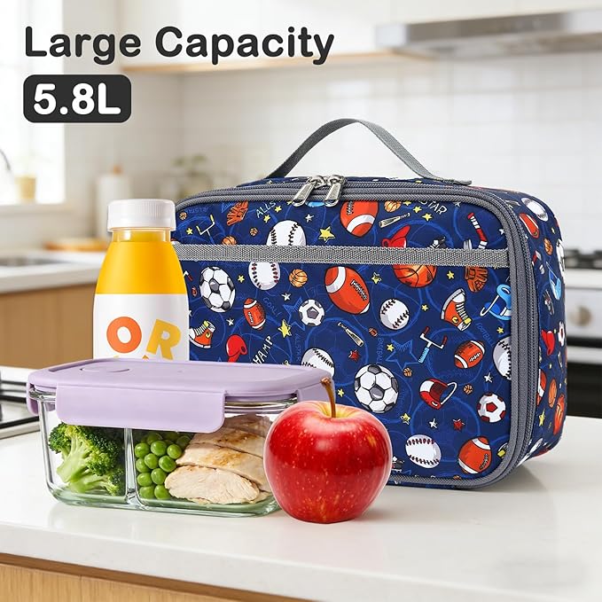 FlowFly Kids Lunch box Insulated Soft Bag Mini Cooler Back to School Thermal Meal Tote Kit for Girls, Boys,Football