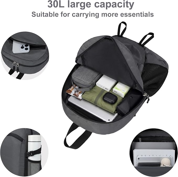 Lightweight Hiking Backpack 30L Packable Foldable Daypack Collapsible Travel Bag Water-Resistant for Women Men (Gray)