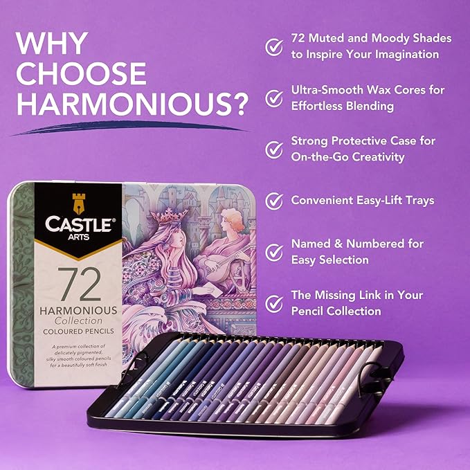 Castle Art Supplies Harmonious Colored Pencil Set | 72 Muted, Wax-Based Soft Core Coloring Pencils for Adult Artists' Relaxation | Presented in Tin Case