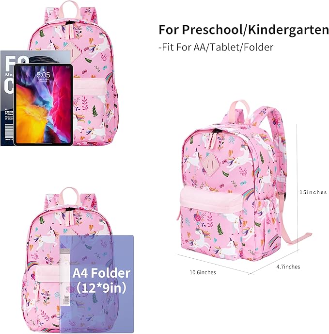 KK CRAFTS Preschool Backpack Kindergarten Little Kids Toddler Elementary School Backpacks for Boys and Girls with Chest Strap(15Inch, Pink Unicorn)