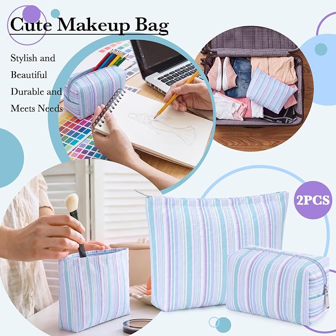 Huhumy 2 Pcs Striped Makeup Bag, Travel Toiletry Bag for Women, Aesthetic Cute Colorful Cosmetic Pouch, Seersucker Storage Organizer for Accessories, Essentials, Toiletries(Cyan Blue Purple)