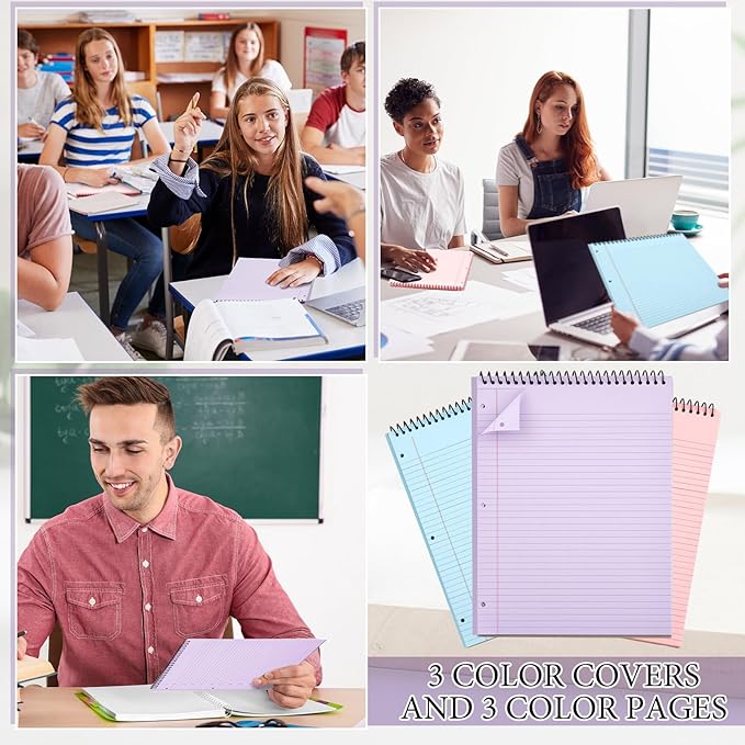 MotiMind 10 Pack 8.5" x 11" Top Spiral Notebook with 3 Hole Punched Legal Pads College Ruled Notepad 50 Sheets Hard Cardboard Paper Wirebound Notepad for Office School Business(Pink, Blue, Purple)