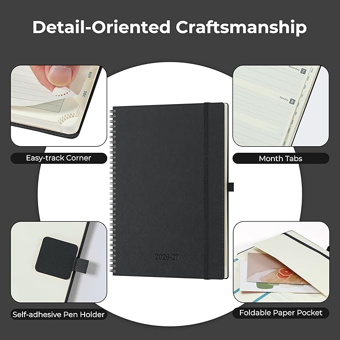 Planner 2026-2027 Daily Weekly and Monthly,11.5"x8.5",18 Months Spiral Bound Calendar Agenda with Self-adhesive Pen Holder,2026 Academic Plan with Vegan Leather Soft Cover,Black