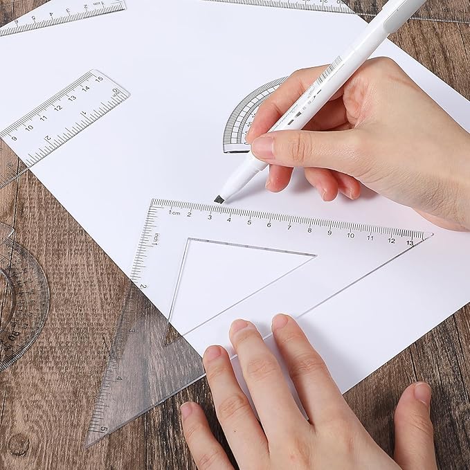 6PCS Clear Plastic Ruler Math Set, Math Geometry Tool Plastic Ruler Set, Includes 6 Inch and 12 Inch Straight Rulers, 30/60 and 45/90 Triangle Rulers, Protractor for School, Office, Home